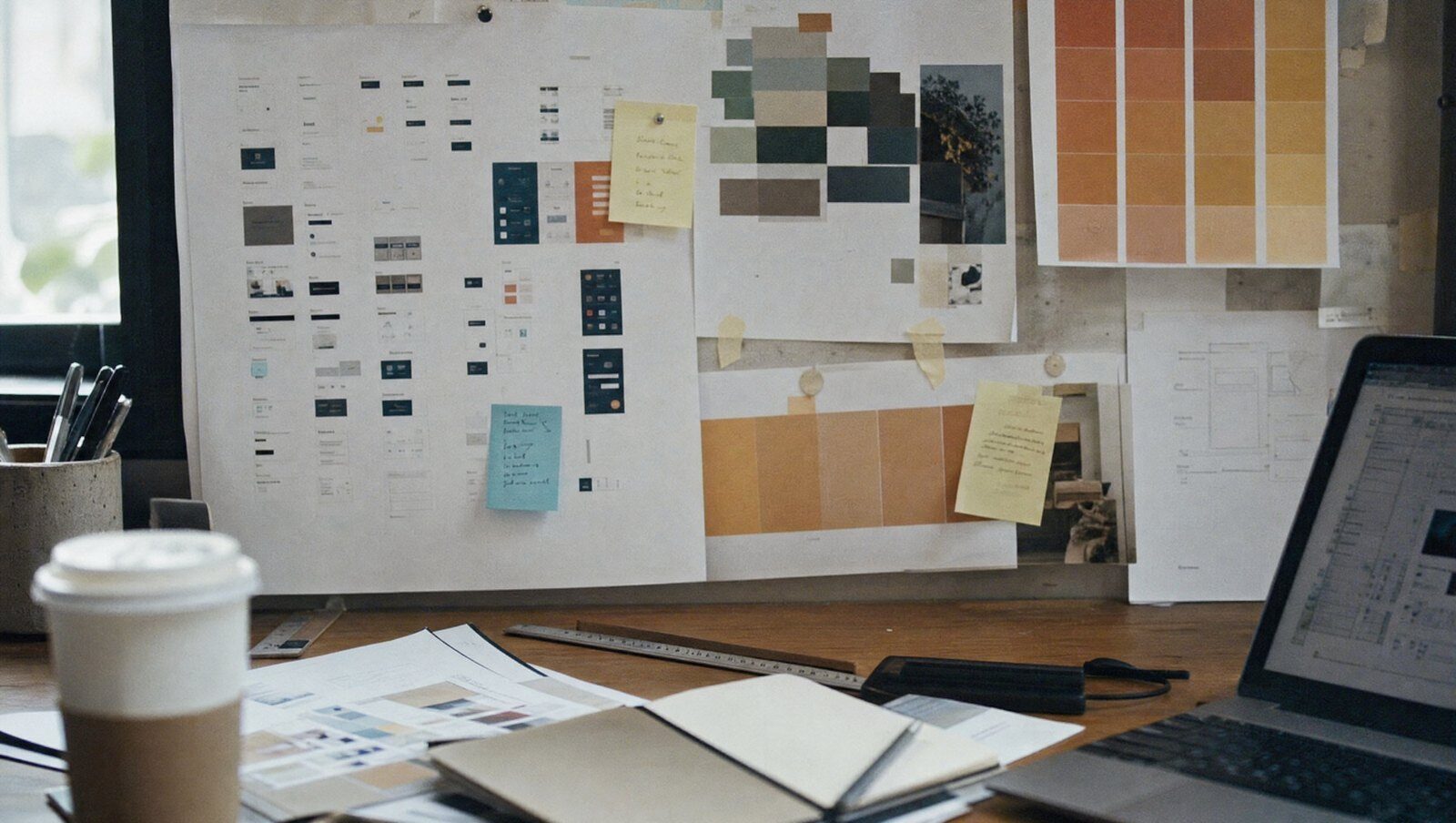 Flat-lay d'un design system : composants, tokens de couleur et spécimen typographique